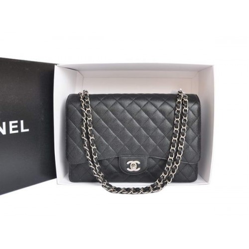Chanel A47600 Zwart Origineel Kaviaar Leer Jumbo Flap Bag Zilver