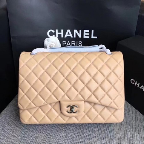 Chanel Maxi gewatteerde klassieke kleptas abrikoos schapenvacht leer A58601 zilver