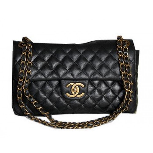 Chanel zwart iriserende lederen flap schoudertas A1274 messing