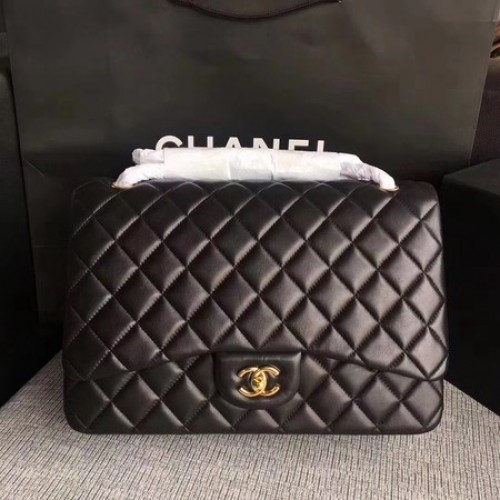 Chanel Maxi gewatteerde klassieke kleptas zwart schapenvacht leer A58601 goud