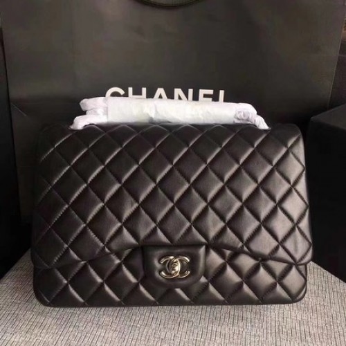 Chanel Maxi Quilted Classic Flap Bag Zwart Schapenleer A58601 Zilver