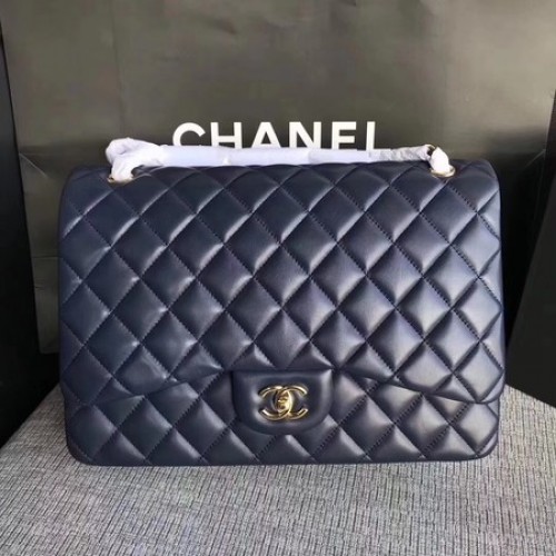 Chanel Maxi gewatteerde klassieke flap tas blauw schapenvacht leer A58601 goud