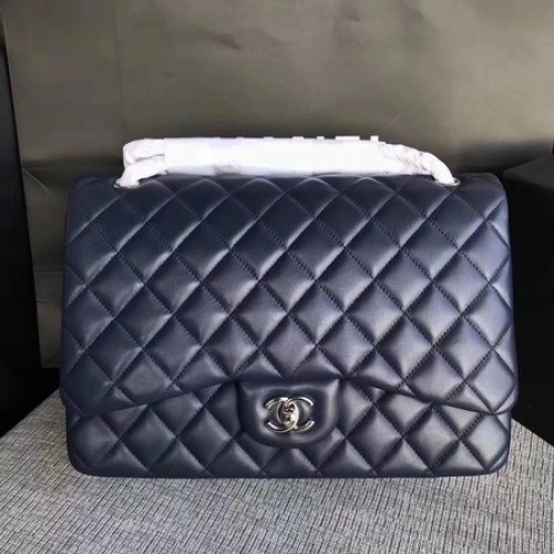 Chanel Maxi gewatteerde klassieke flap tas blauw schapenvacht leer A58601 zilver
