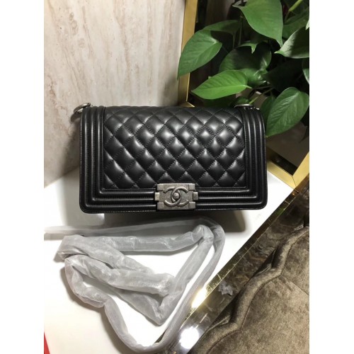 Chanel Boy Flap originele schapenvacht lederen schoudertas zwarte A67086 zilver