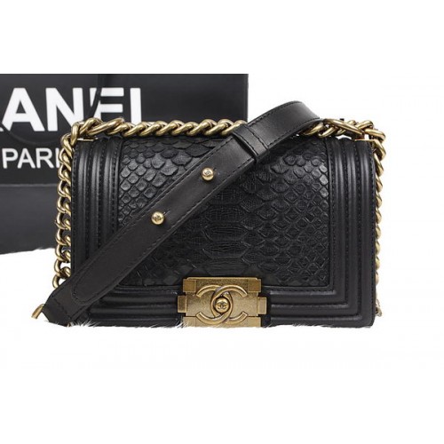 Chanel Boy Flap Schoudertas Zwart Origineel Python Leer A67085 Goud