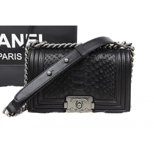Chanel Boy Flap Schoudertas Zwart Origineel Python Leer A67085 Zilver