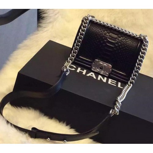Chanel Boy Flap Schoudertas Zwart Python Leer A66094 Zilver