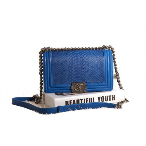 Chanel Boy Flap Schoudertas Blauw Origineel Slangenleer A67086 Zilver