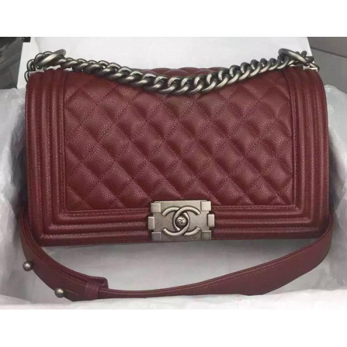 Chanel Boy Flap Schoudertas Bordeaux Origineel Kalfsleer A8708 Zilver