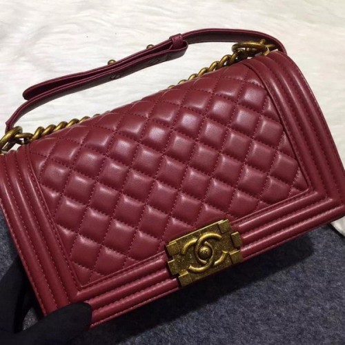 Chanel Boy Flap Schoudertas Bordeaux Origineel Schapenleer A67086 Brons
