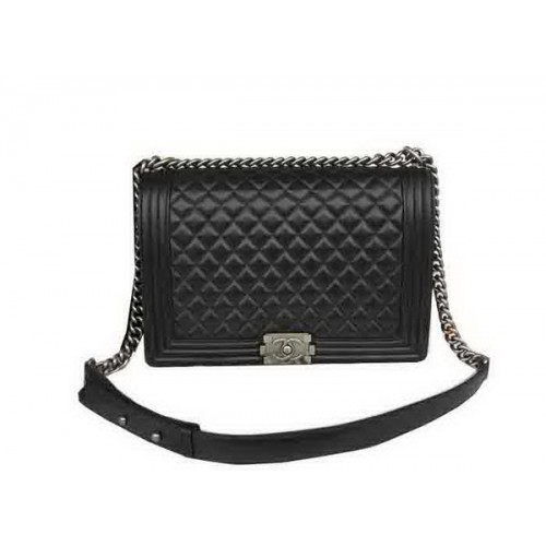 Chanel Boy Flap Schoudertas Origineel Zwart Schapenleer A67087 Zilver