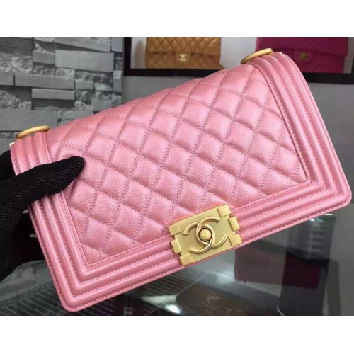 Chanel Boy Flap Schoudertas Roze Origineel Kalfsleer A8708 Goud