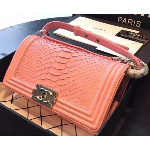 Chanel Boy Flap Schoudertas Roze Python Leer A66095 Zilver