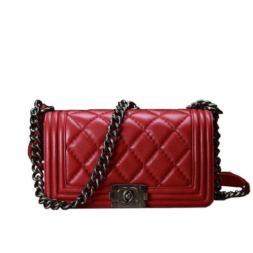Chanel Boy Flap Schoudertas Rood Origineel Kalfsleer A67086 Zilver