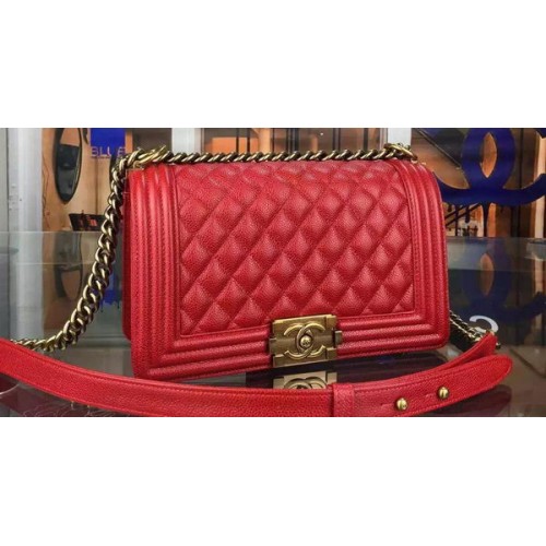 Chanel Boy Flap Schoudertas Rood Origineel Kalfsleer A8708 Brons