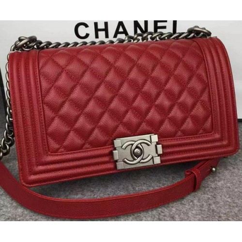 Chanel Boy Flap Schoudertas Rood Origineel Kalfsleer A8708 Zilver