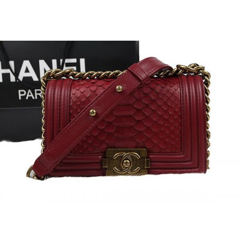 Chanel Boy Flap Schoudertas Rood Origineel Python Leer A67085 Goud