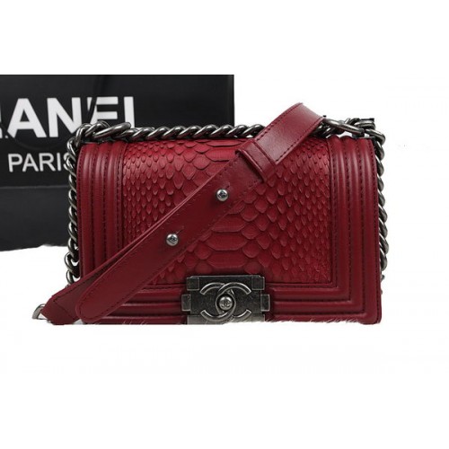 Chanel Boy Flap Schoudertas Rood Origineel Python Leer A67085 Zilver