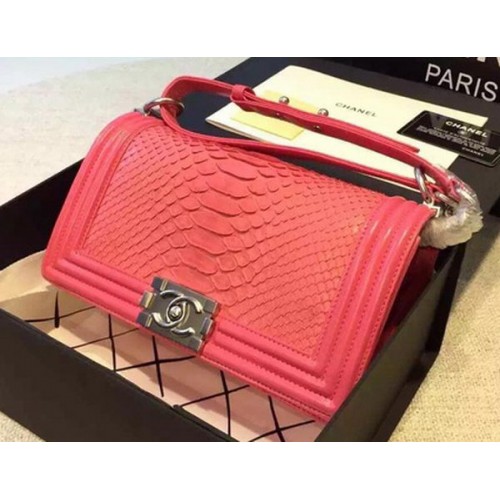 Chanel Boy Flap Schoudertas Rosy Python Leer A66095 Zilver