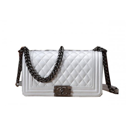 Chanel Boy Flap Schoudertas Wit Origineel Kalfsleer CHA67086 Zilver