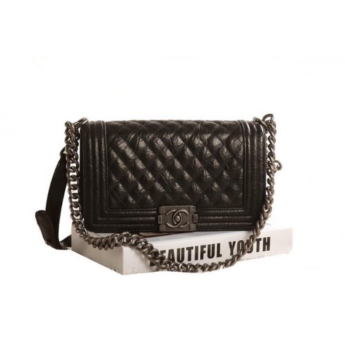 Chanel Boy Flap schoudertas in zwart origineel geglazuurd gecraqueleerd A67086 zilver