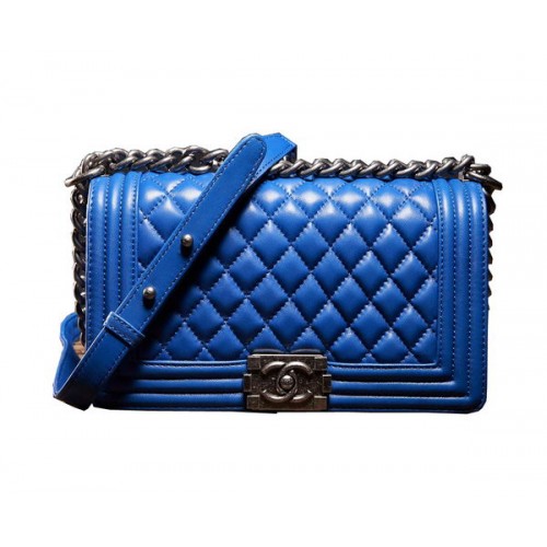 Chanel Boy Flap schoudertas in blauw lamsleer A67086 zilver
