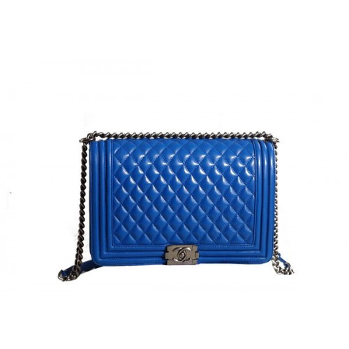 Chanel Boy Flap Schoudertas in Blauw Origineel Leer Zilver