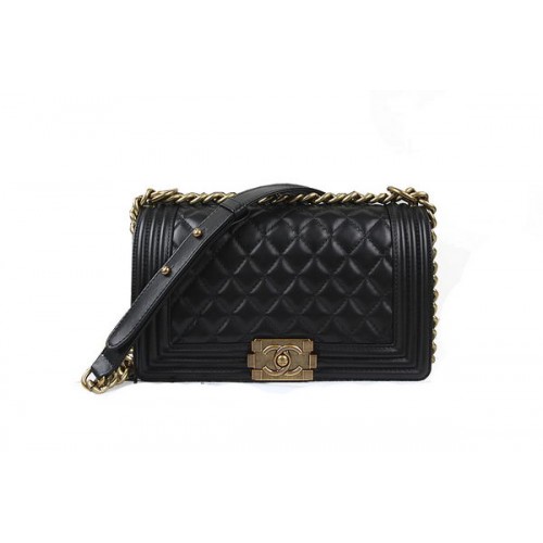 Chanel Boy Flap schoudertas in origineel zwart lamsleer A67025 goud