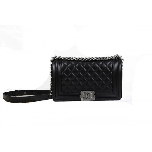 Chanel Boy Flap schoudertas in origineel zwart lamsleer A67025 zilver