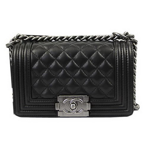 Chanel Boy Flap Schoudertassen Zwart Origineel Lamsleer A67085 Zilver