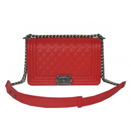 Chanel Boy Flap Schoudertassen Rood Cannage Patroon Leer A67086 Zilver