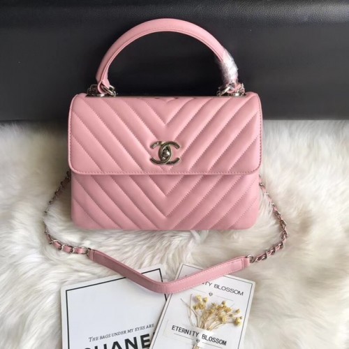 Chanel CC originele flap tas met lamsleer aan de bovenkant 92236V roze zilveren gesp