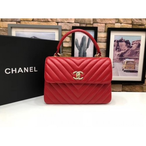 Chanel CC originele flaptas V92236 van lamsleer met handvat, rood en goudkleurig metaal