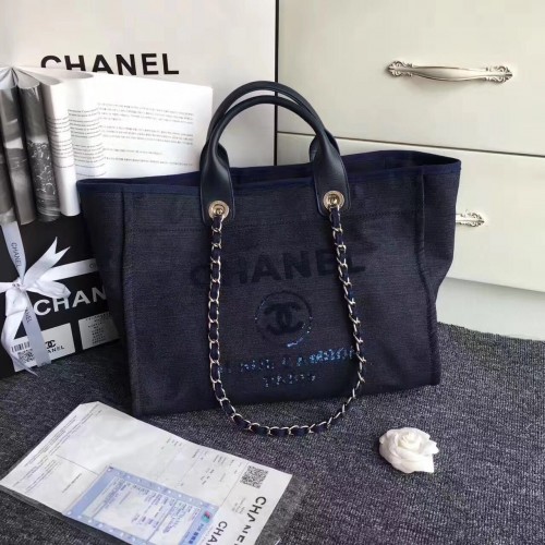 Chanel Canvas Leren Tote Boodschappentas Donkerblauw A1679
