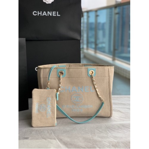 Chanel canvas boodschappentas 67001 beige en hemelsblauw