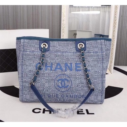Chanel canvas boodschappentas Kalfsleer zilverkleurig metaal A23556 blauw