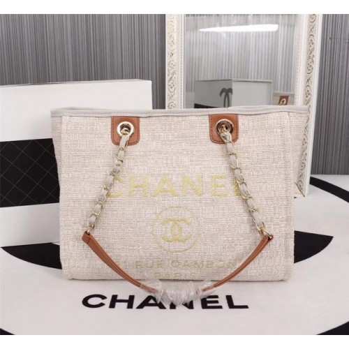 Chanel Canvas Boodschappentas Kalfsleer Zilverkleurig Metaal A23556 creamy