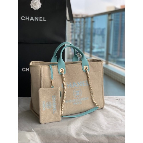 Chanel canvas boodschappentas B66941 Beige en hemelsblauw