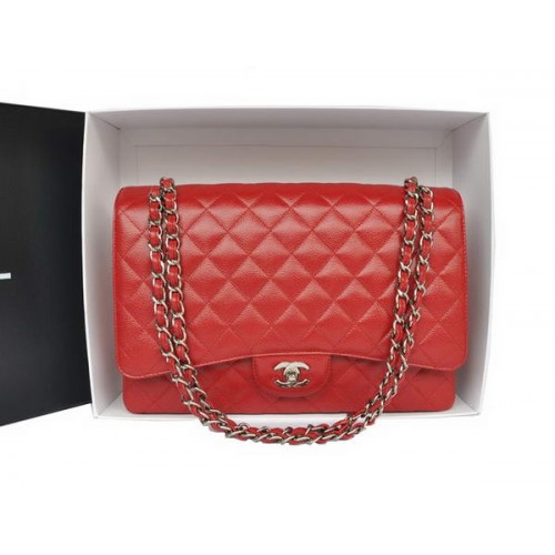 Topkwaliteit Chanel Classic A36070 Red Original Grain Leather Large Flap Bag Silver