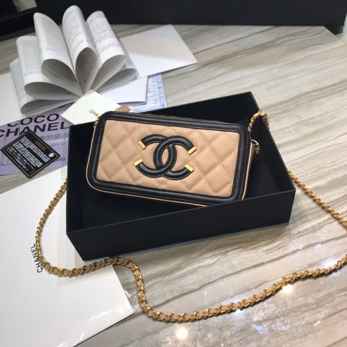 Chanel klassieke clutch met ketting generfd kalfsleer goudkleurig metaal A84450 abrikoos