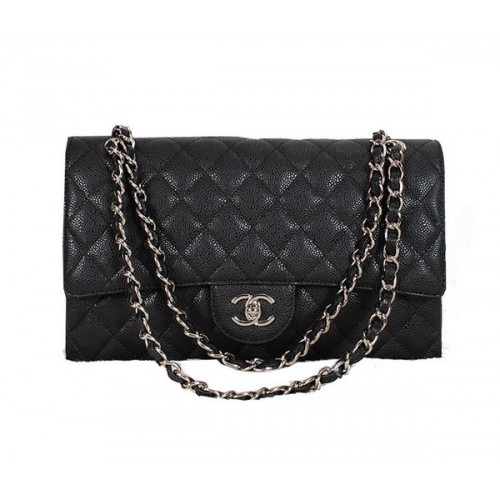 Chanel Classic Flap Bag 1113 Zwart Origineel Cannage Patroon Leer Zilver