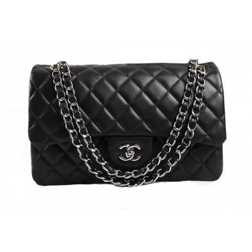 Chanel Classic Flap Bag 1113 Zwart Origineel Schapenleer Zilver