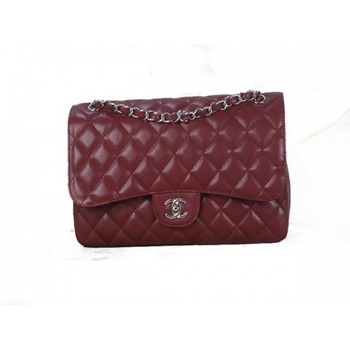 Chanel Classic Flap Bag 1113 Burgundy Origineel Cannage Patroon Leer Zilver