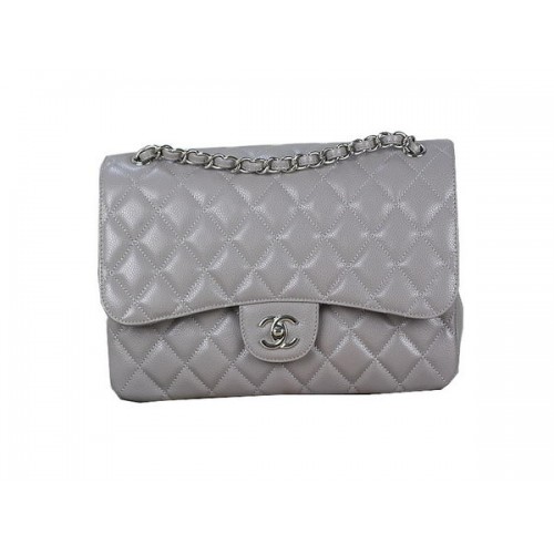Chanel Classic Flap Bag 1113 Grijs Origineel Cannage Patroon Leer Zilver