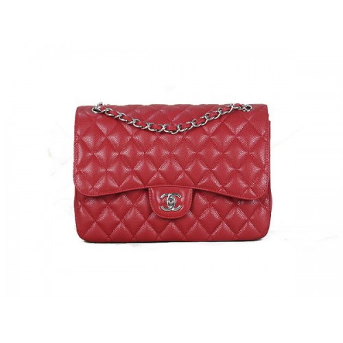 Chanel Classic Flap Bag 1113 Rood Origineel Cannage Patroon Leer Zilver