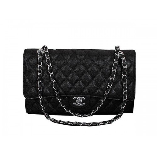 Chanel Classic Flap Bag 1119 Zwart Cannage Patroon Leer Zilver