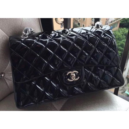 Chanel Classic Flap Bag Zwart Origineel Lakleer A1113 Zilver