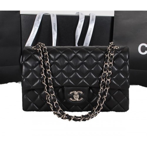 Chanel Classic Flap Bag Zwart Origineel Schapenleer A1118 Zilver