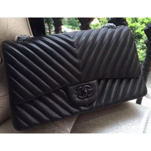 Chanel Classic Flap Bag Zwart Schapenvacht Chevron Quilting A1113 Zilver