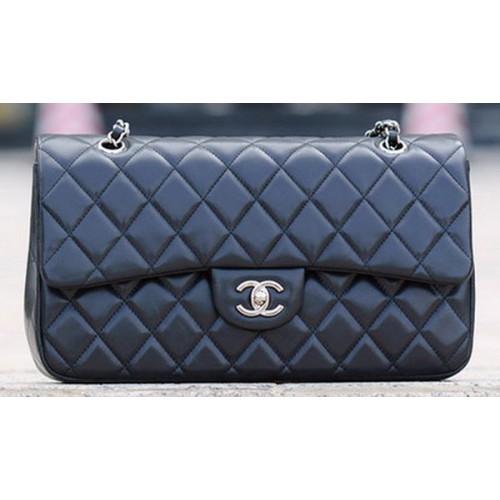 Chanel Classic Flap Bag Zwart Schapenleer A1113 Zilver